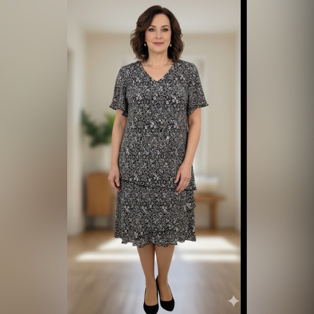 Connected Apparel black/white flowy dress, scalloped edges, lined, 20W